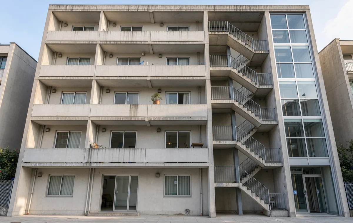 A modest apartment building's open stair and lift windows under a bright morning sky