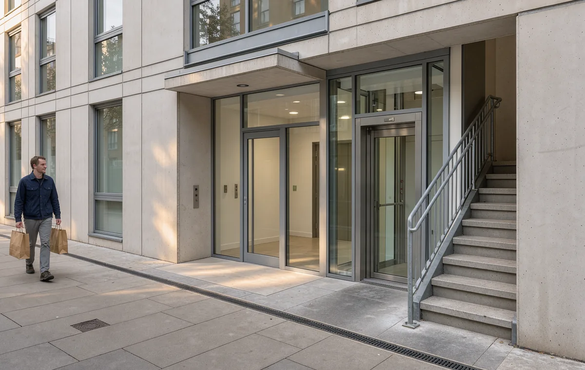 The ordinary street entrance and glazed lift of a small apartment building, with morning light on the pavement