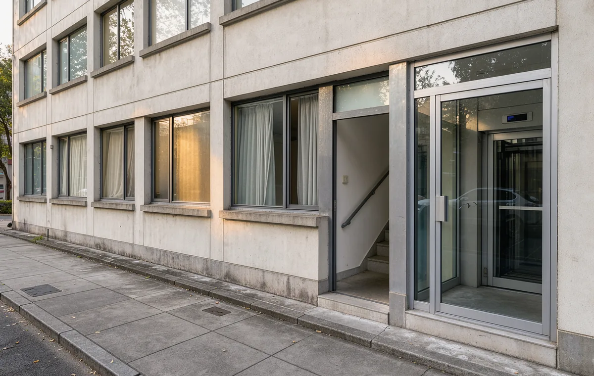 Residential windows, an open stair entrance and a glazed lift beside a sunlit pavement
