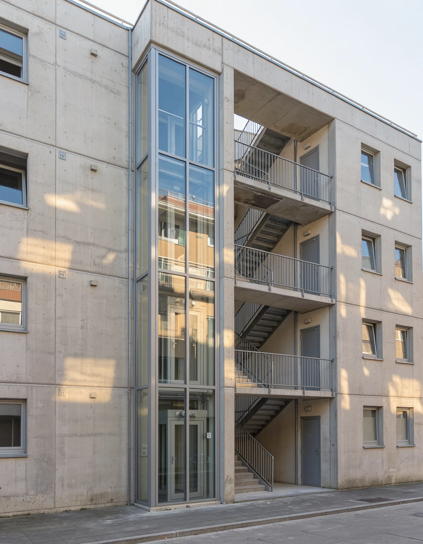 Morning light on a pale apartment building's exterior stairwell and glazed lift shaft, seen from the pavement