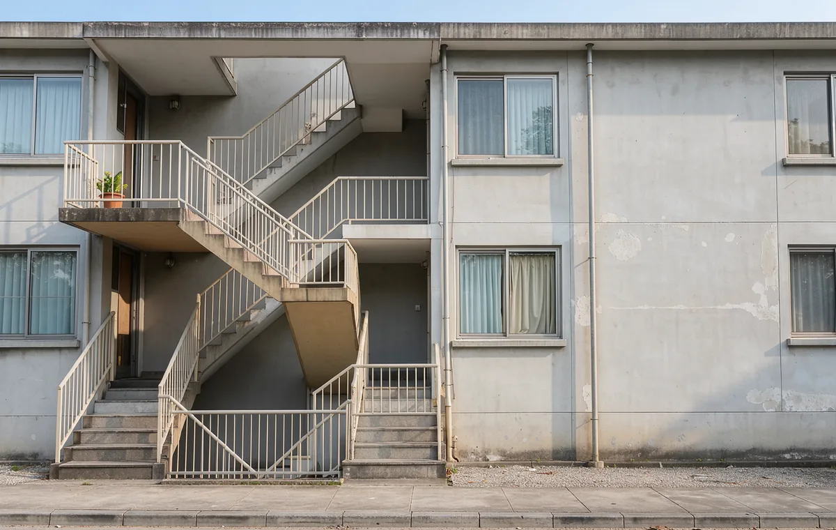 An open concrete stairwell beside the windows of a modest apartment block in morning light